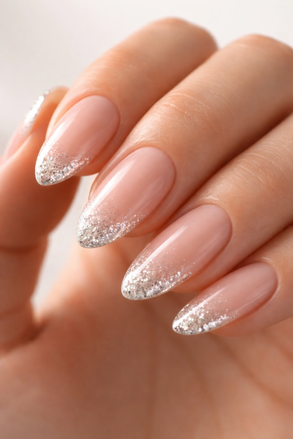 Almond nails with glitter-dipped tips