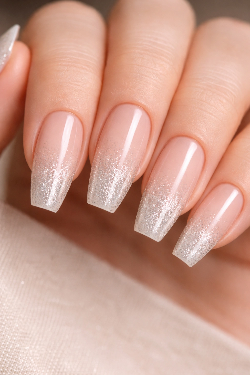 Coffin nails with fine glitter gradient at tips on nude base