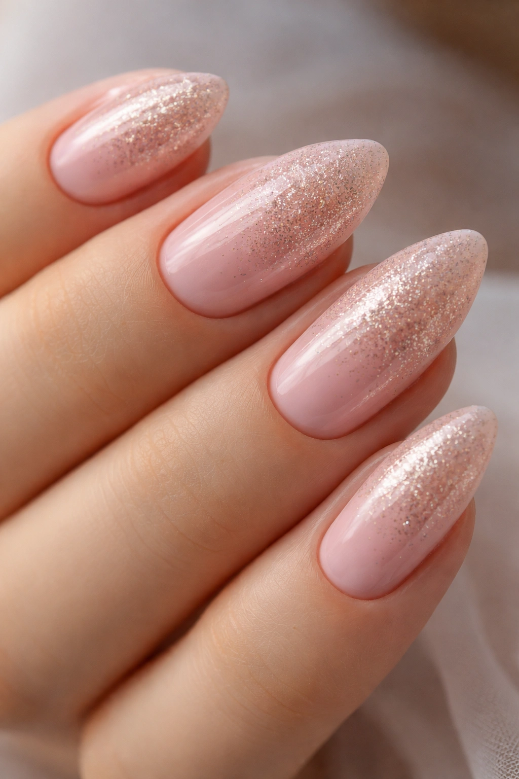 Almond nails with fine champagne glitter gradient on baby pink base