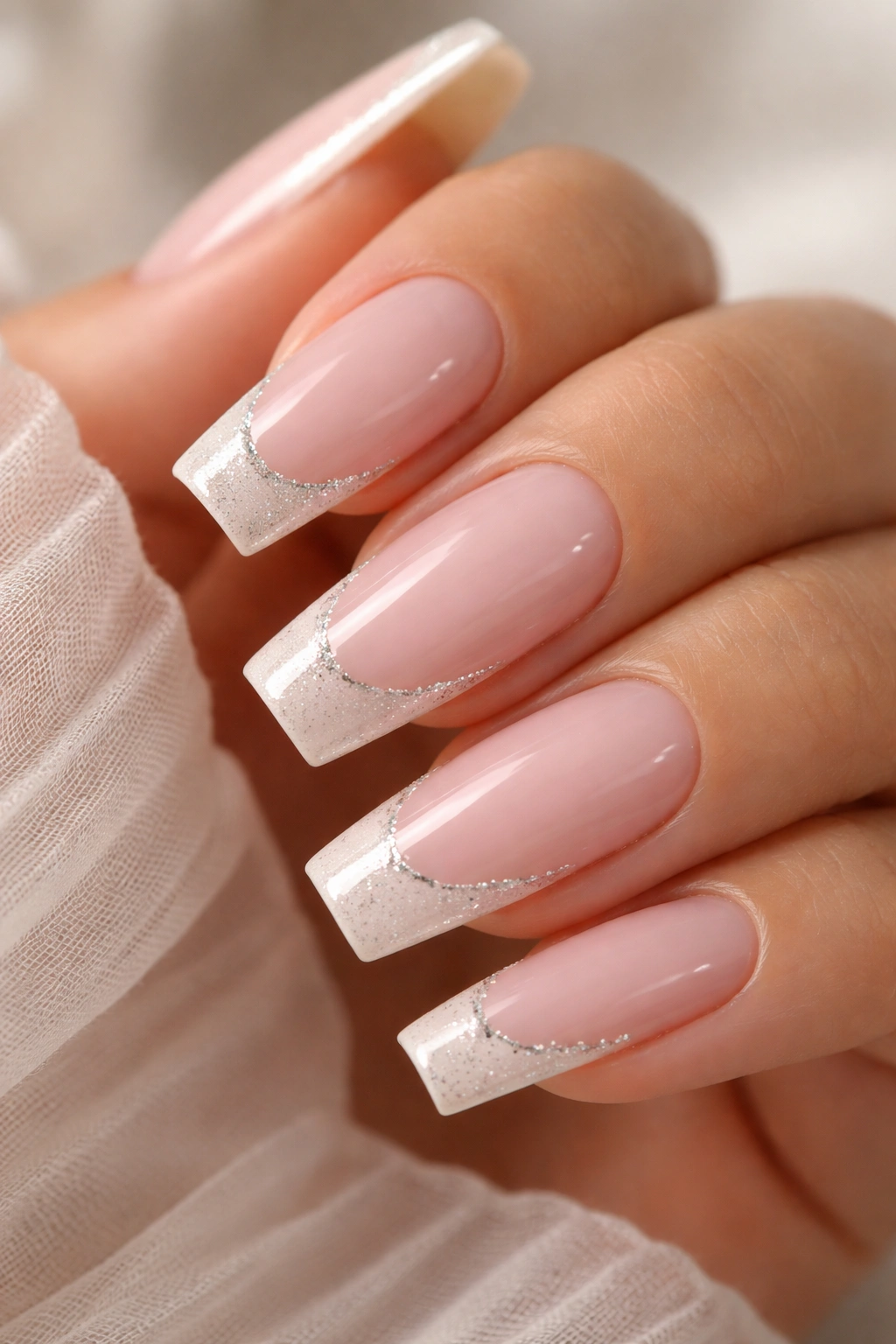 Nails with a fine glitter halo along the French tip on a soft pink base