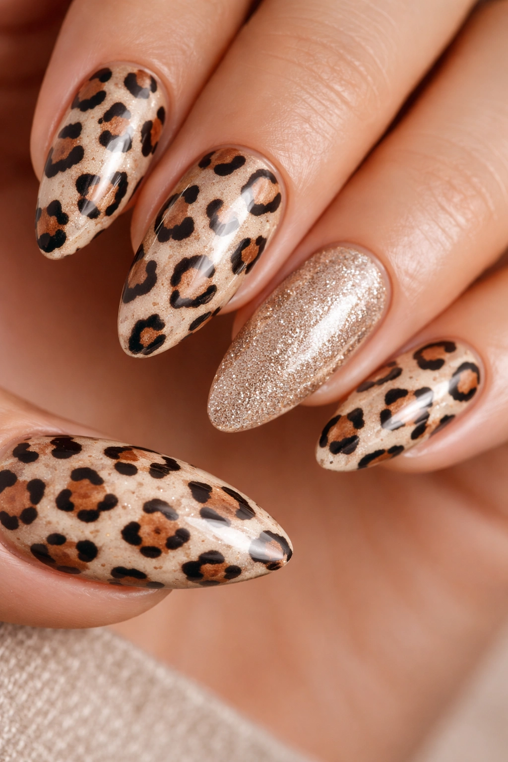 Almond nails with leopard pattern and a glitter accent nail.