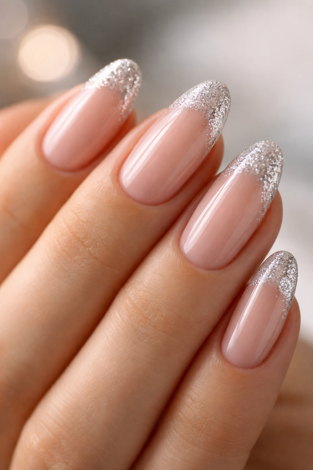 Almond nails with fine glitter tips on a clear base
