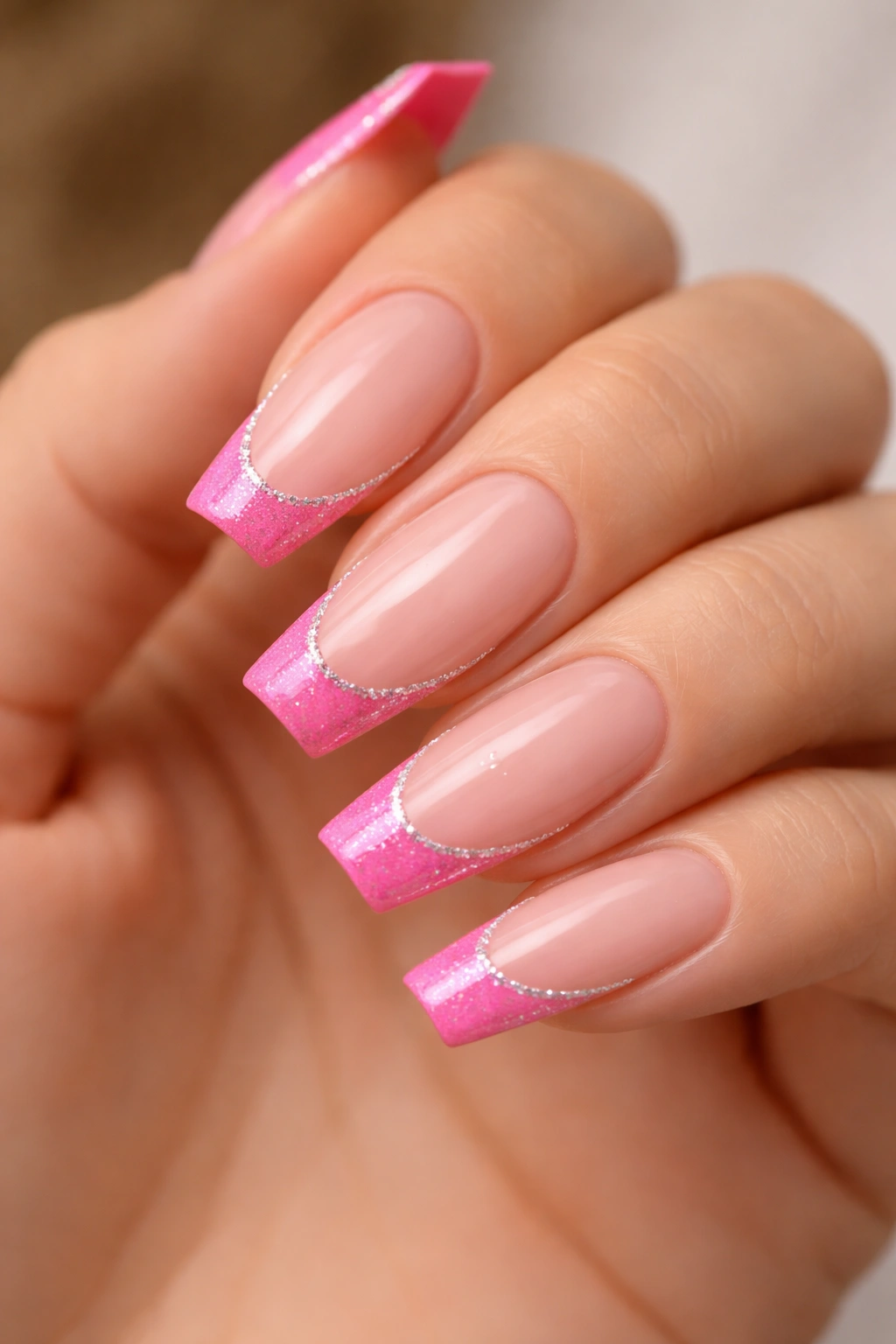 Nails with hot pink tips outlined by a fine glitter border