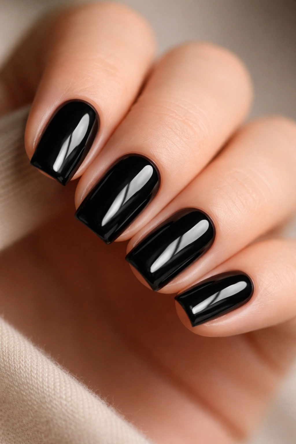 Glossy black short coffin nails with soft taper