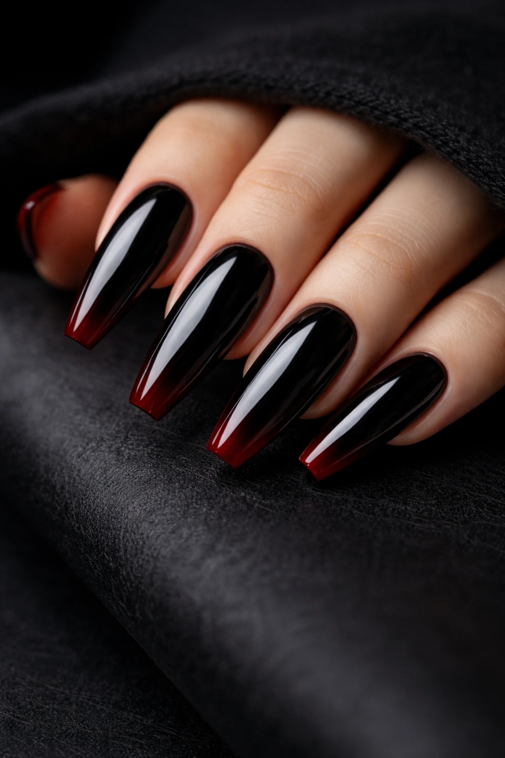 Glossy black coffin nails with oxblood tips