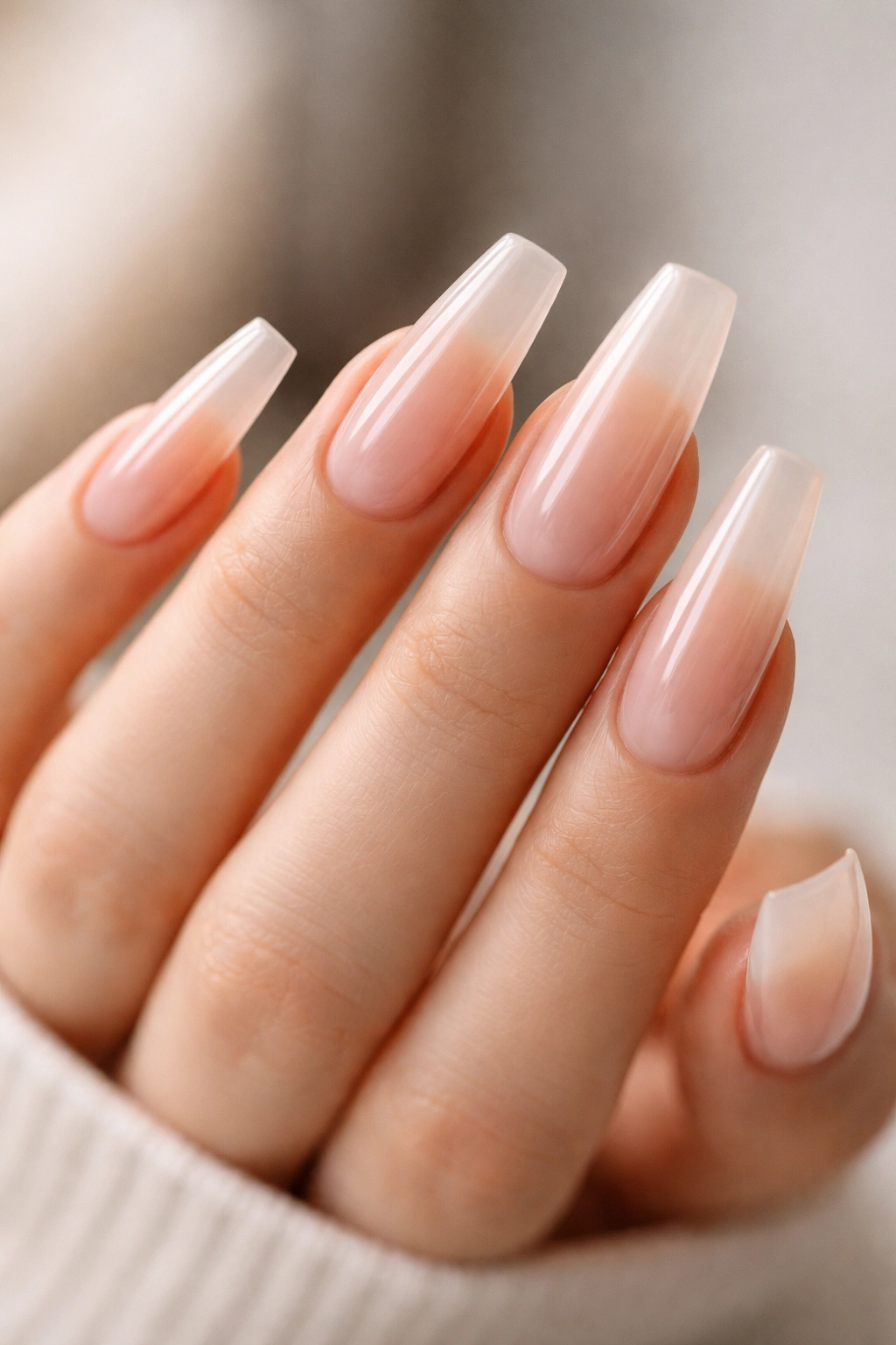 Close-up of glossy coffin nails with pristine surface reflections