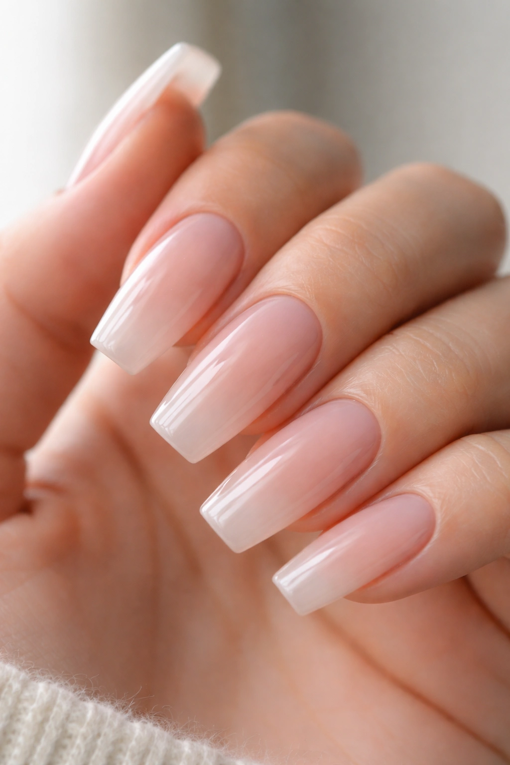 Coffin nails with glossy sheer milky pink and glassy finish