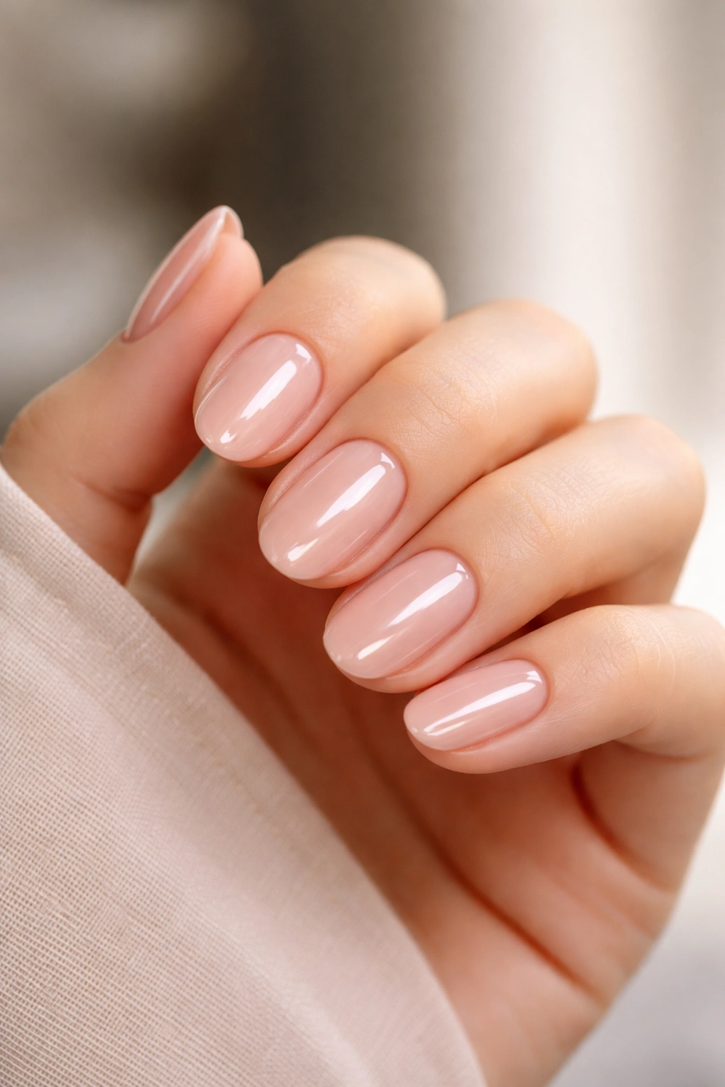 Close-up of short oval gel nails with a glossy finish on a hand