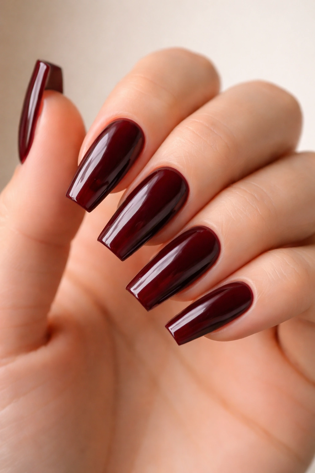 Medium coffin nails glossy oxblood with sharp square tips