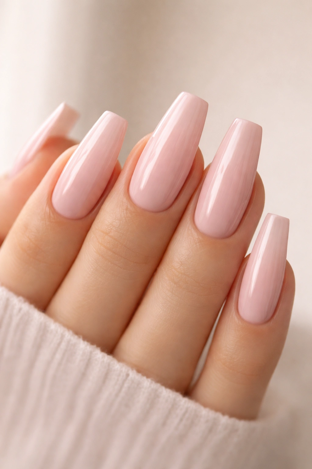 Glossy pale pink coffin nails with blurred nail line and high gloss finish