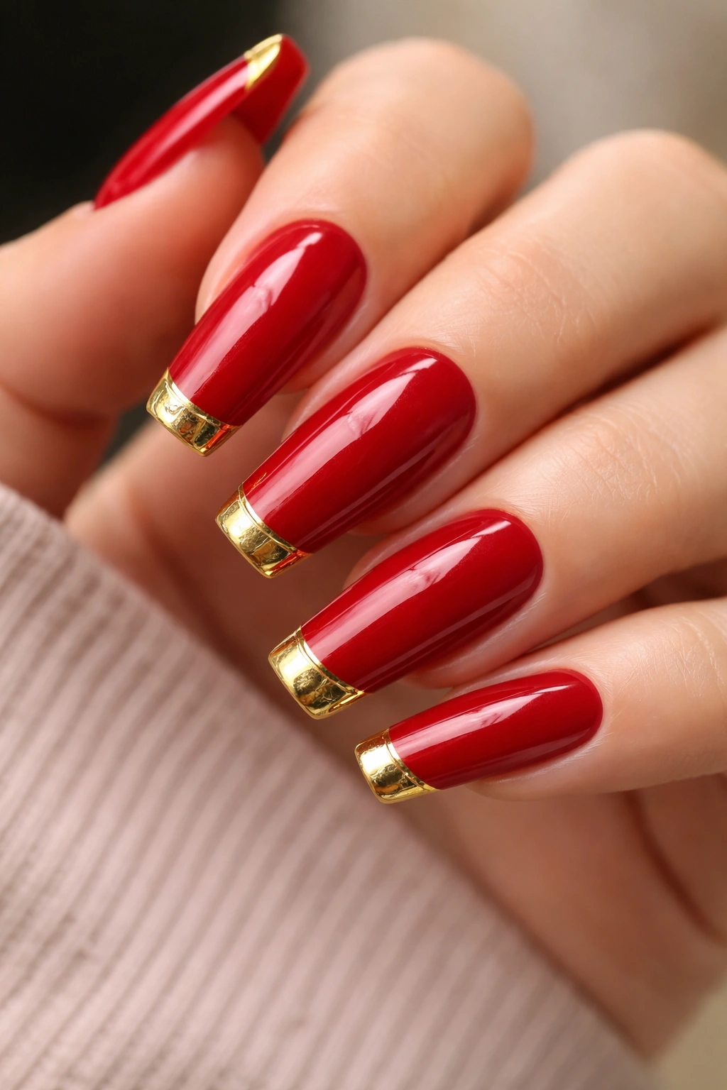 Close-up of glossy red coffin nails with thin gold foil tips