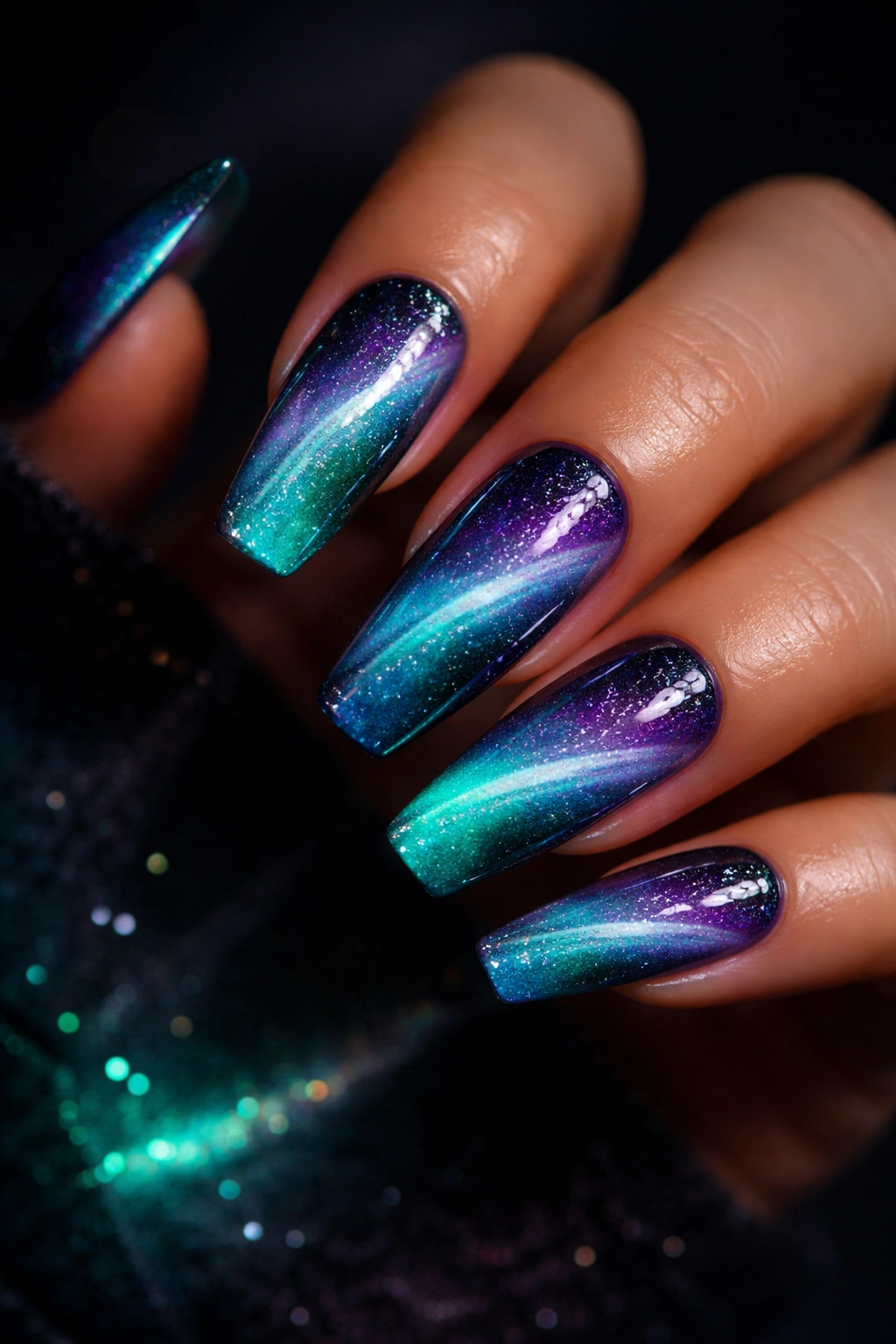 Close-up of glowing cat eye coffin nails in low light