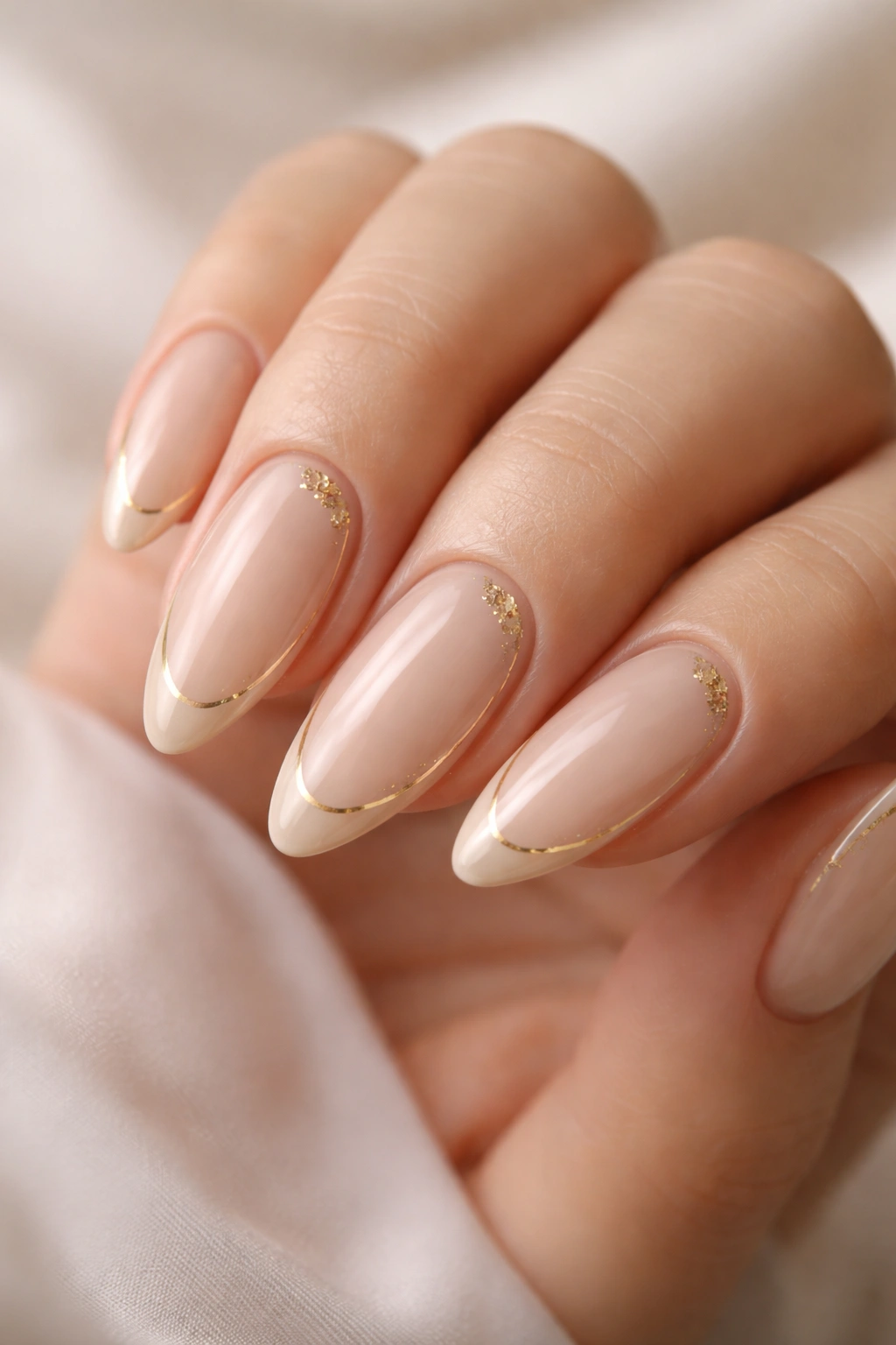 Close-up of hands with almond nails featuring gold accents on a nude base.