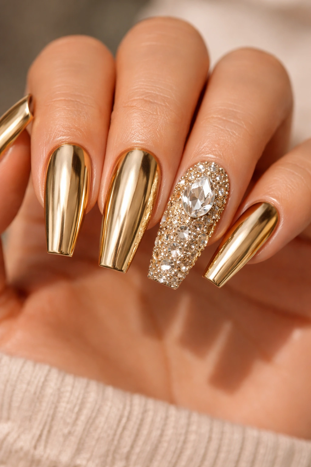 Gold chrome coffin nails with a jewel-covered ring finger