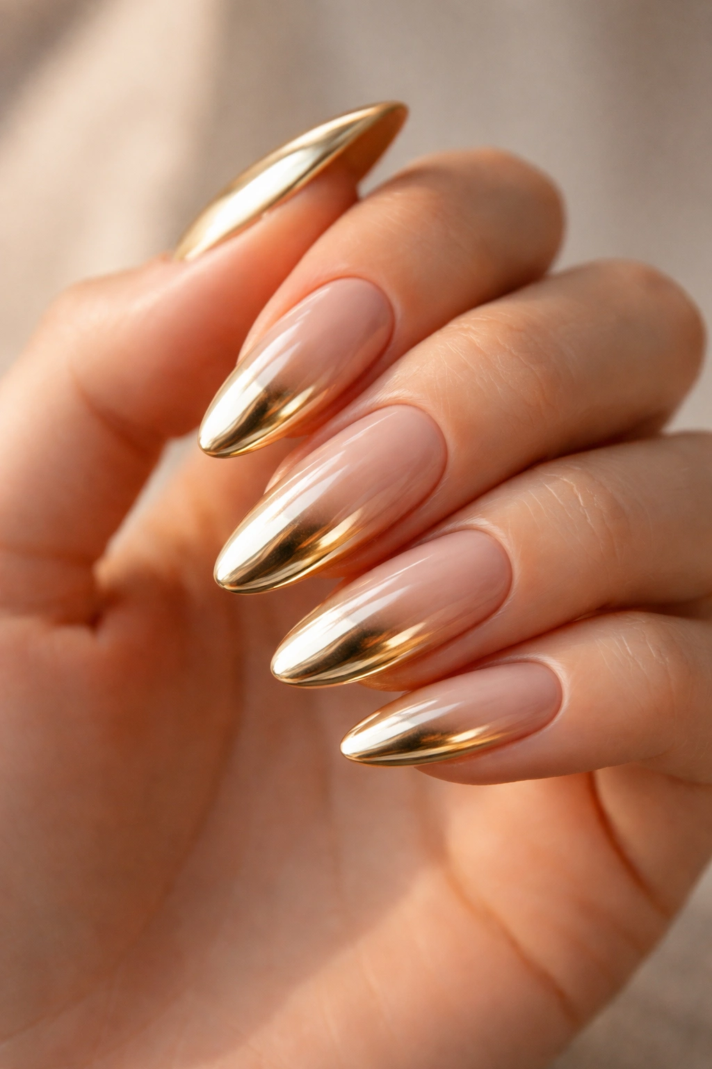 Close-up gold chrome almond nails on nude base