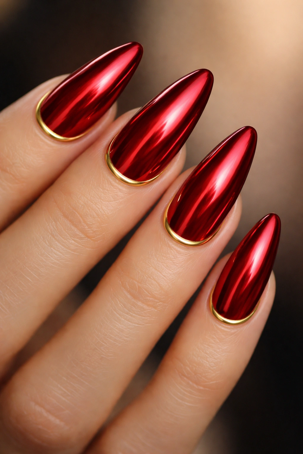 Almond nails with red chrome and slim gold cuticle cuffs.