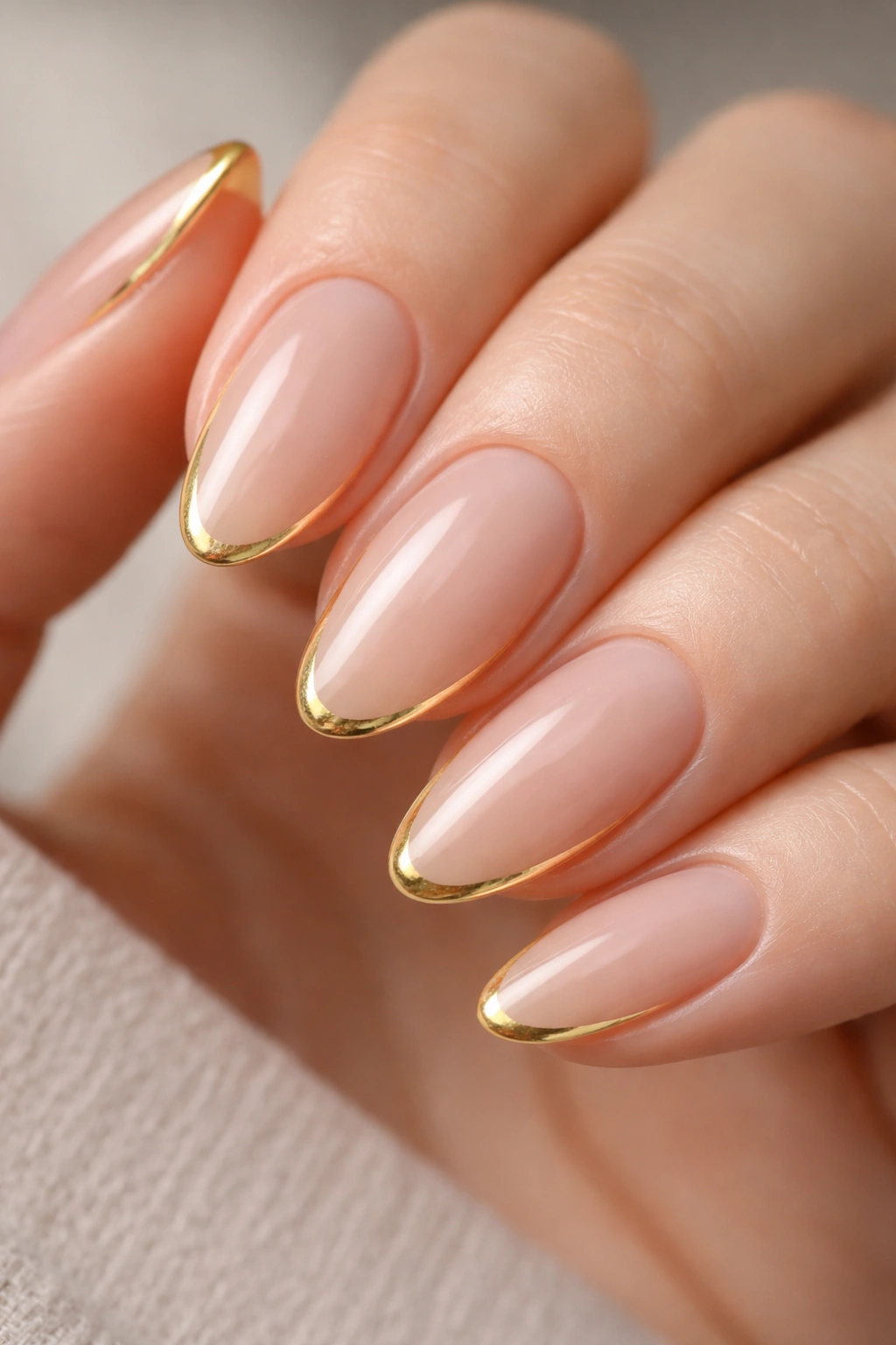 Close-up of almond nails with a thin gold-edged tip over a sheer base