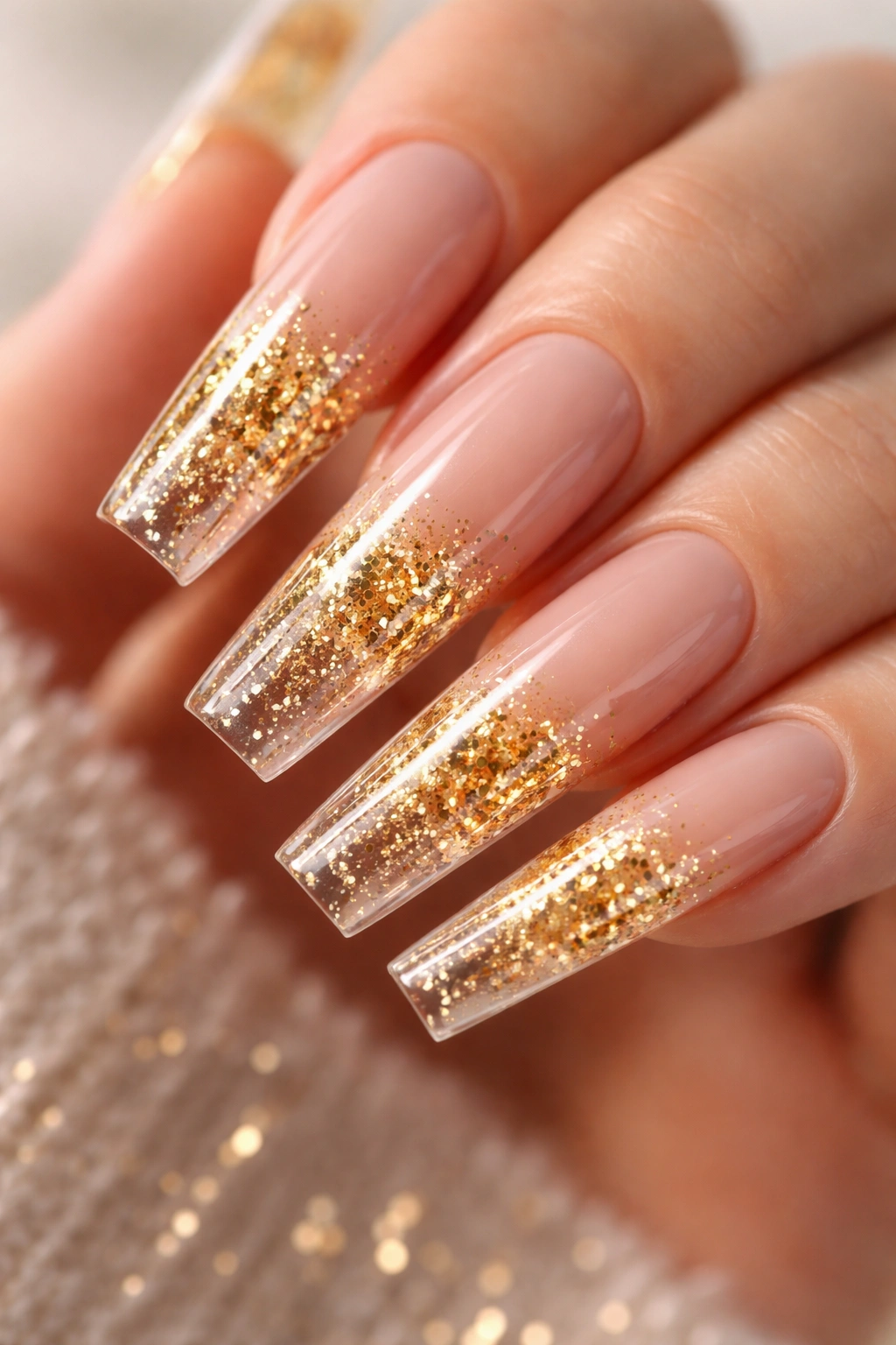 Close-up of extra-long coffin nails with gold encapsulated glitter inside a clear nude base