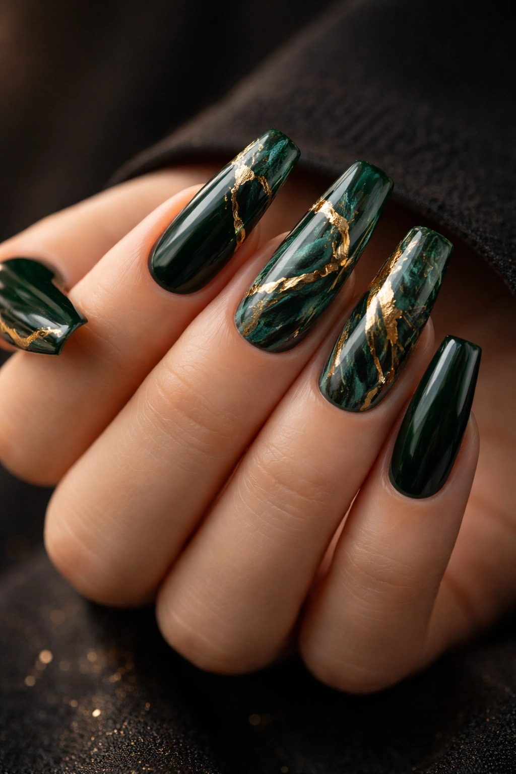 Gold foil emerald marble nails close-up