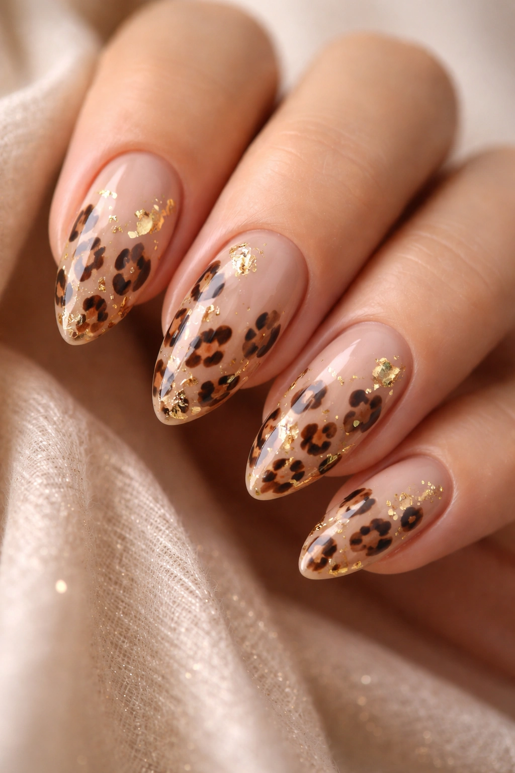 Almond nails with leopard print and subtle gold foil accents for a dressier look.