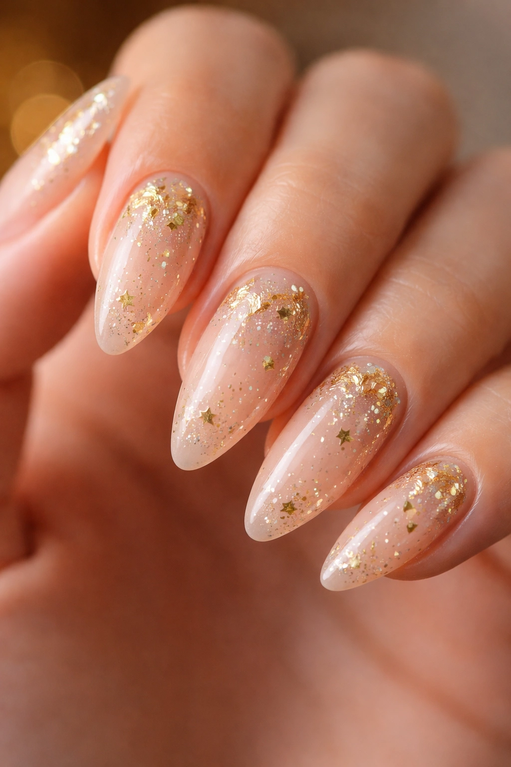 Close-up of gold foil almond nails with celestial confetti