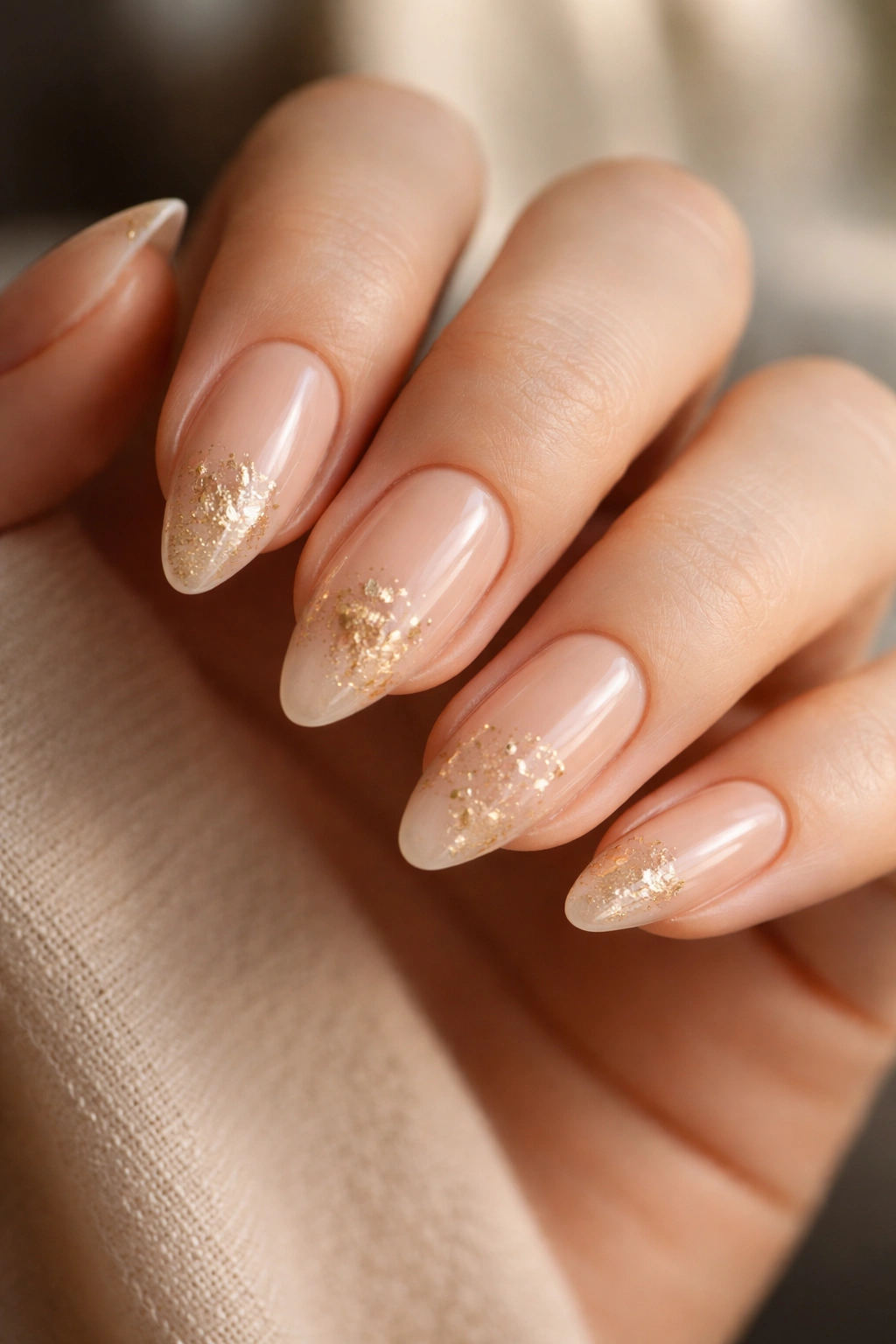 Almond nails with nude base and small gold foil flakes