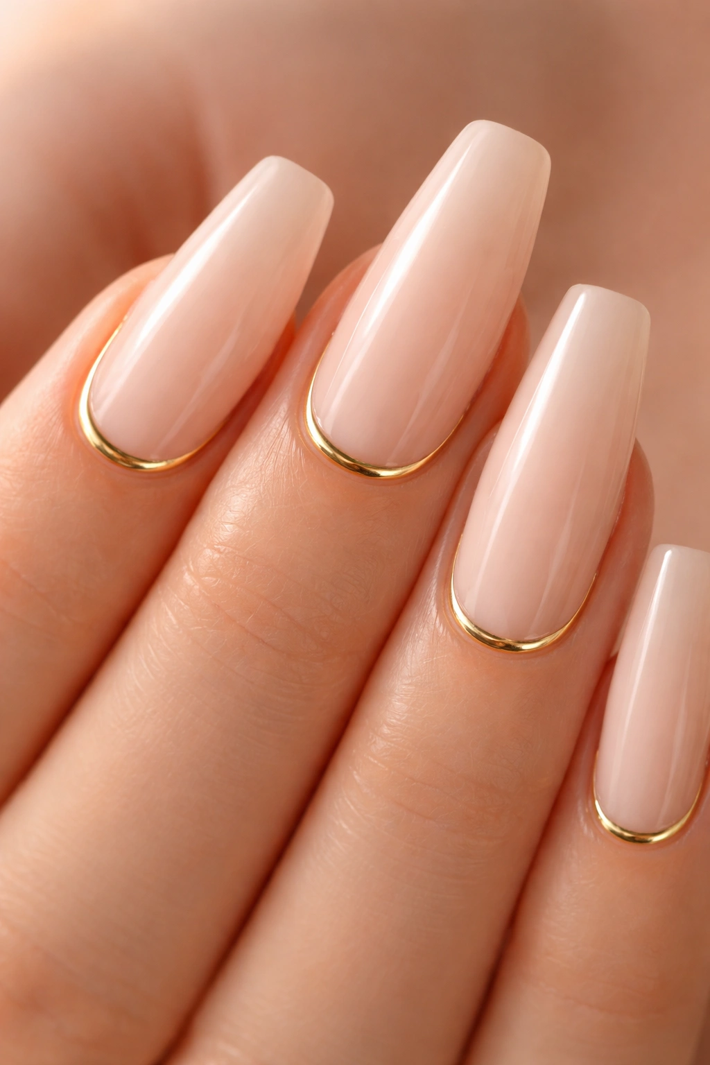Coffin nails with thin curved gold half-moon at cuticle