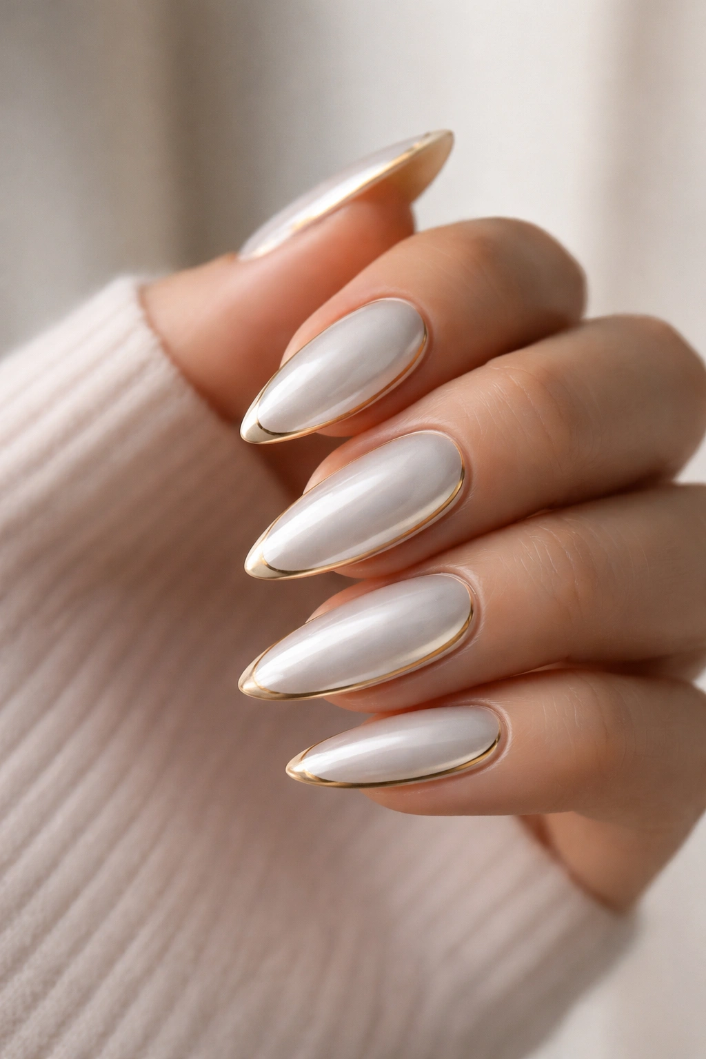 Nails with white chrome and thin gold outlines