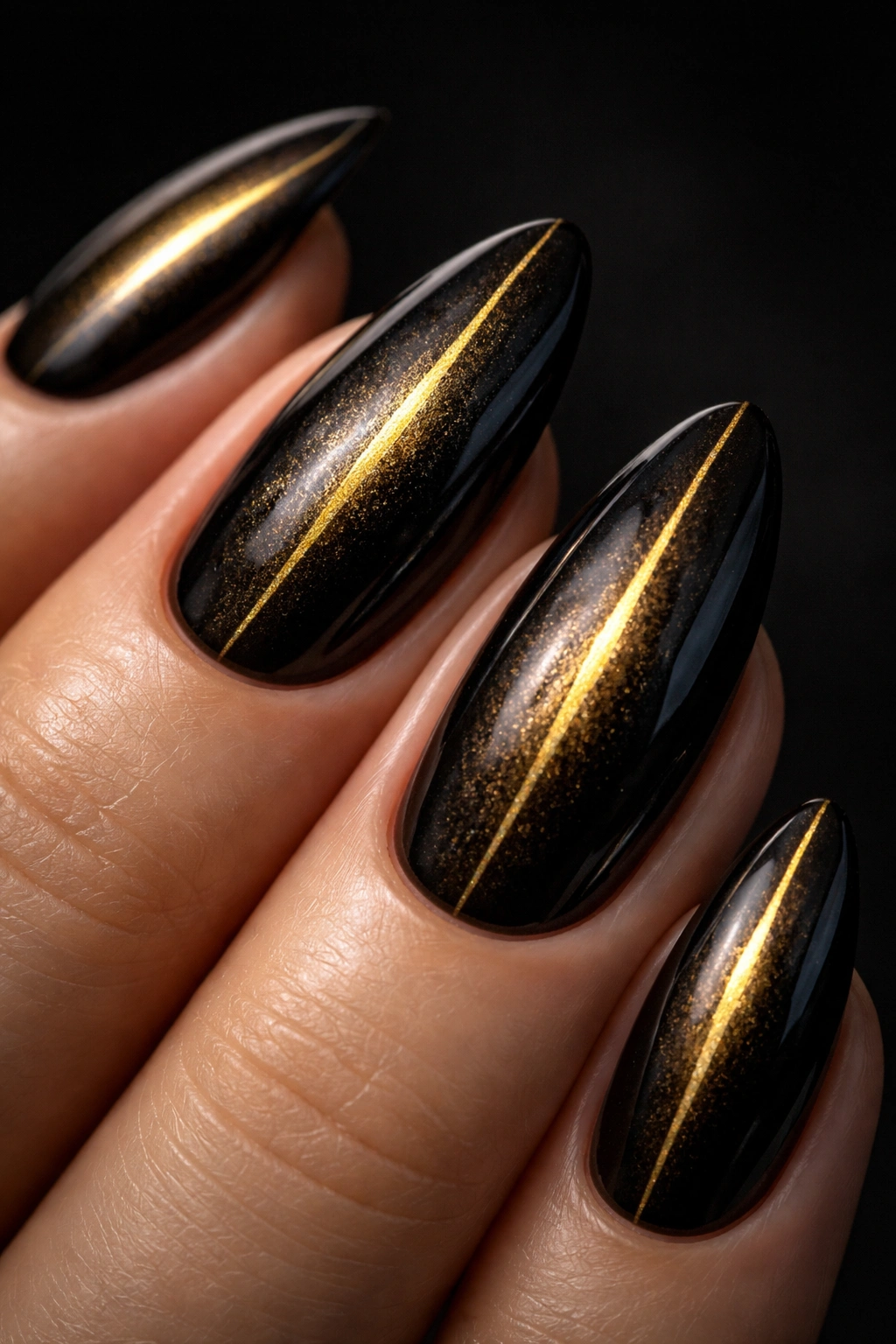 Almond nail with a thin gold stripe on a dark base