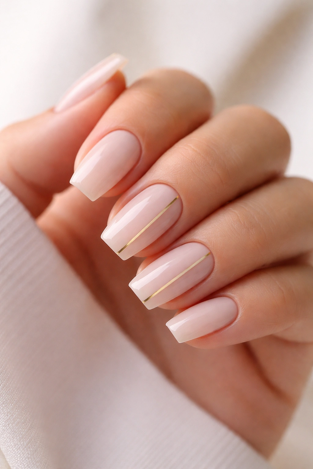 Close-up of short coffin nails with milky nude base and ultra-thin gold stripe on accent nails