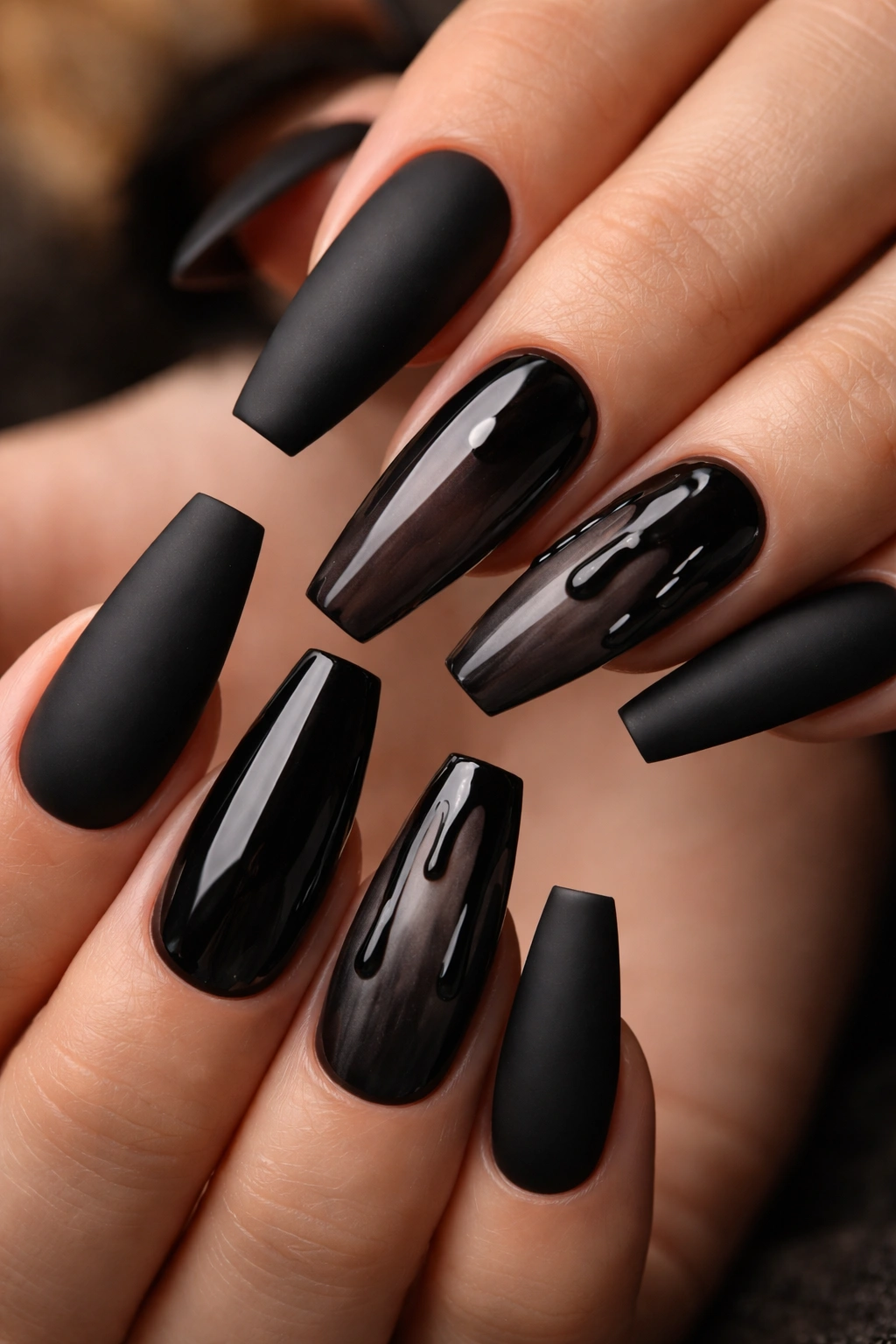 Close-up of goth coffin nails showing matte and glossy finishes