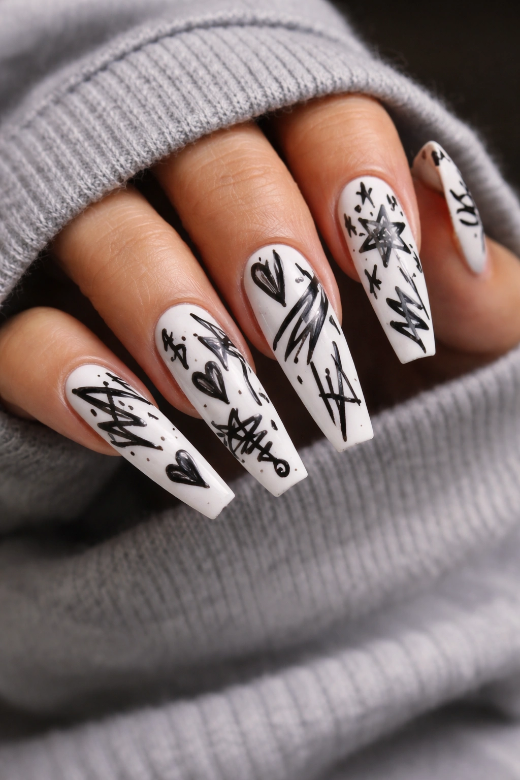 White coffin nails with black marker-scribble art in matte finish.