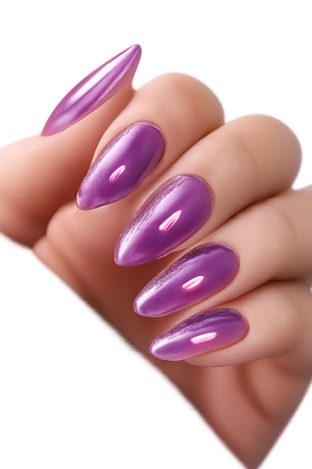 Almond nail with translucent purple jelly polish and glossy shine