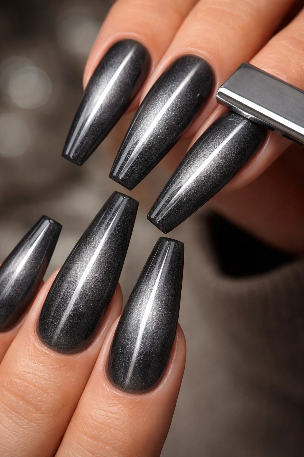 Silver graphite cat eye coffin nails with razor-thin beam