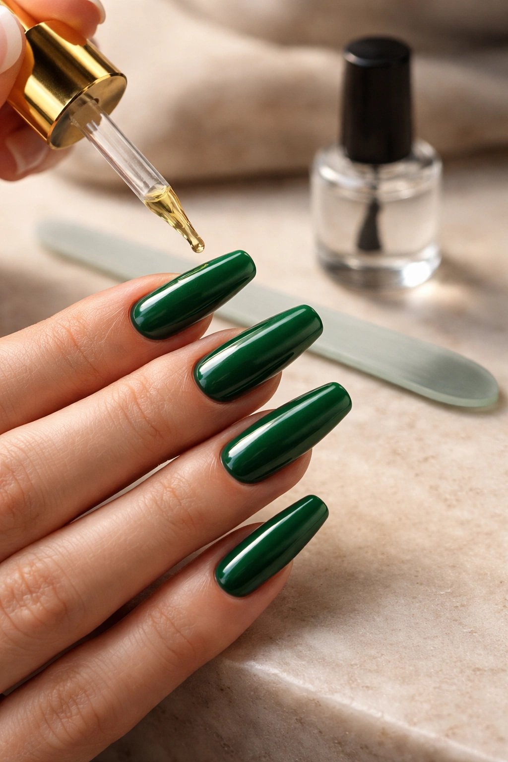 Hand applying cuticle oil to green coffin nails with top coat and glass nail file nearby