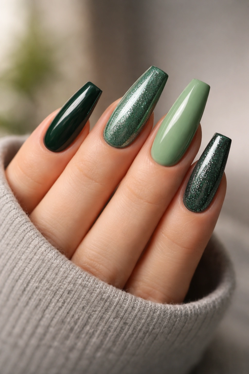 Close-up of green coffin nails on a hand, showing sharp coffin shape and emerald color