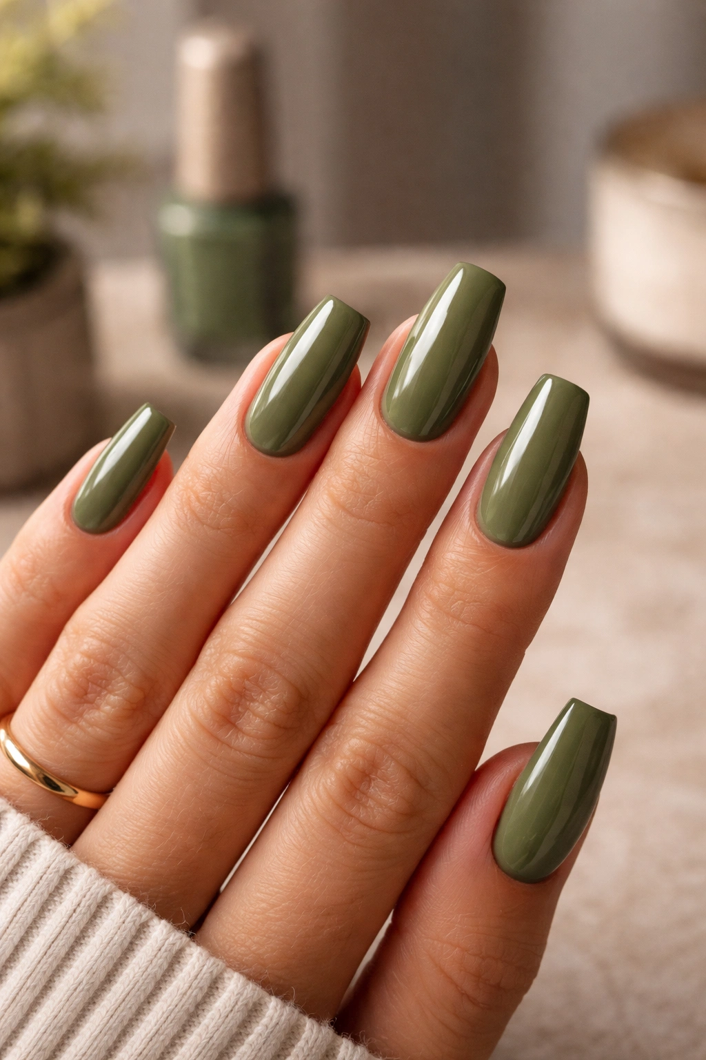 Close-up of green coffin nails showing olive shade, glossy finish, and medium length