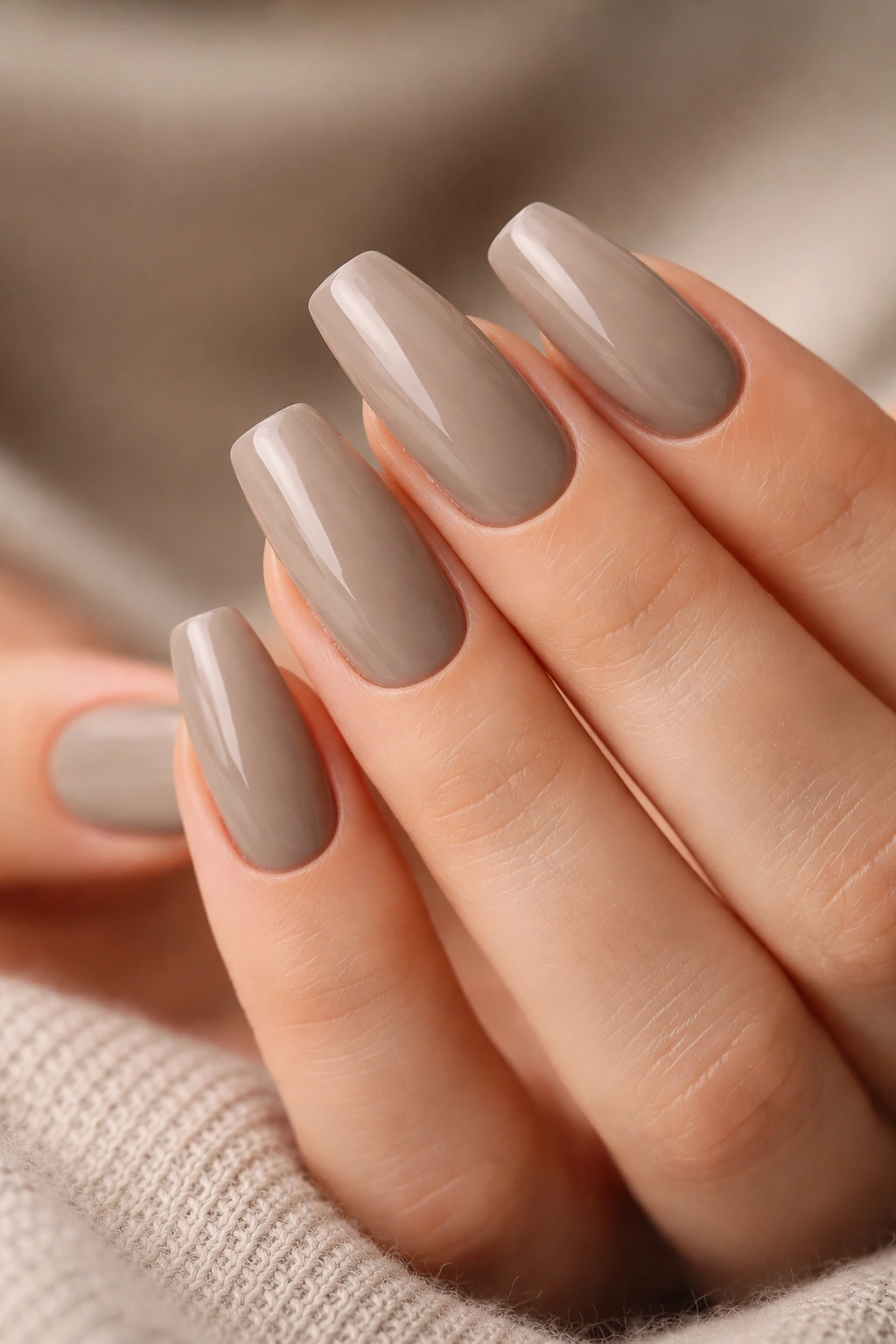 Greige coffin nails with glossy finish
