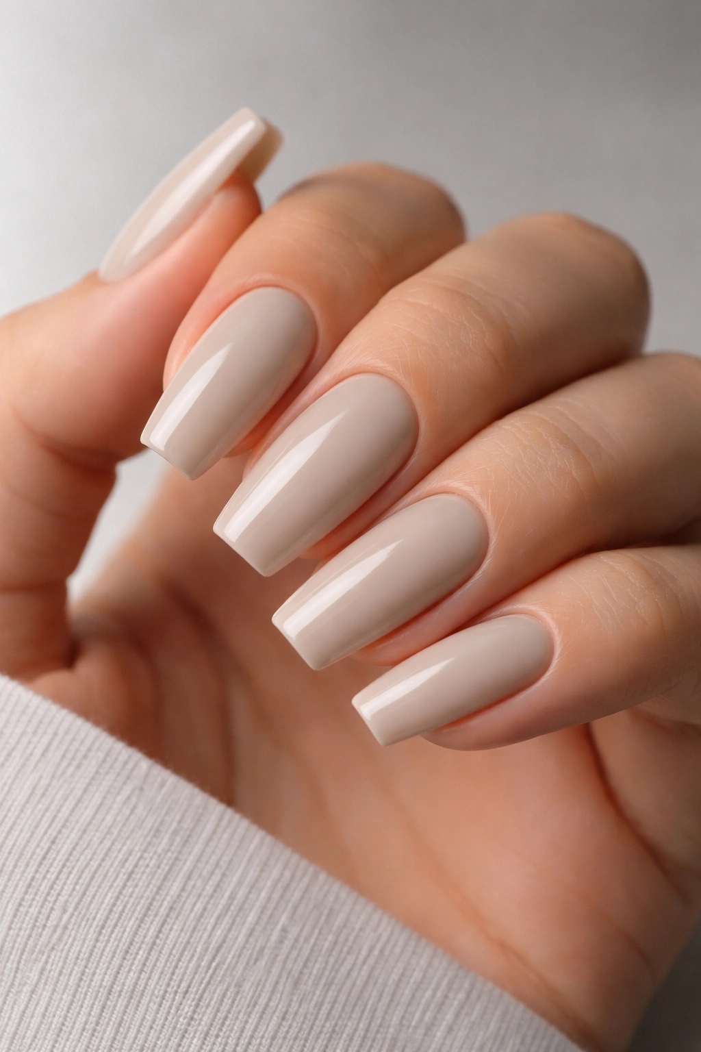 Greige full-coverage cream coffin nails on a hand.