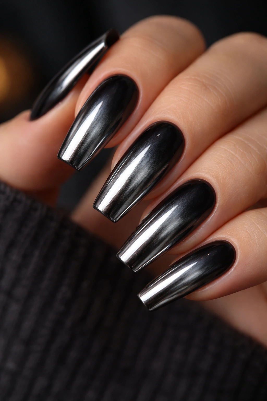 Gunmetal chrome coffin nails with smoky black fade