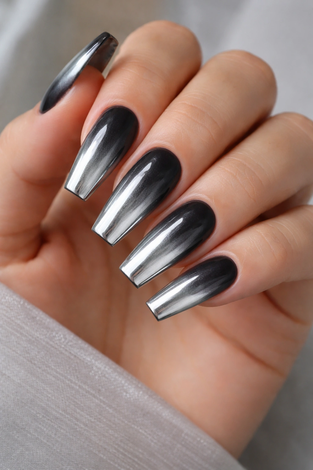 Gunmetal fade silver chrome coffin nails with gradient from dark to silver