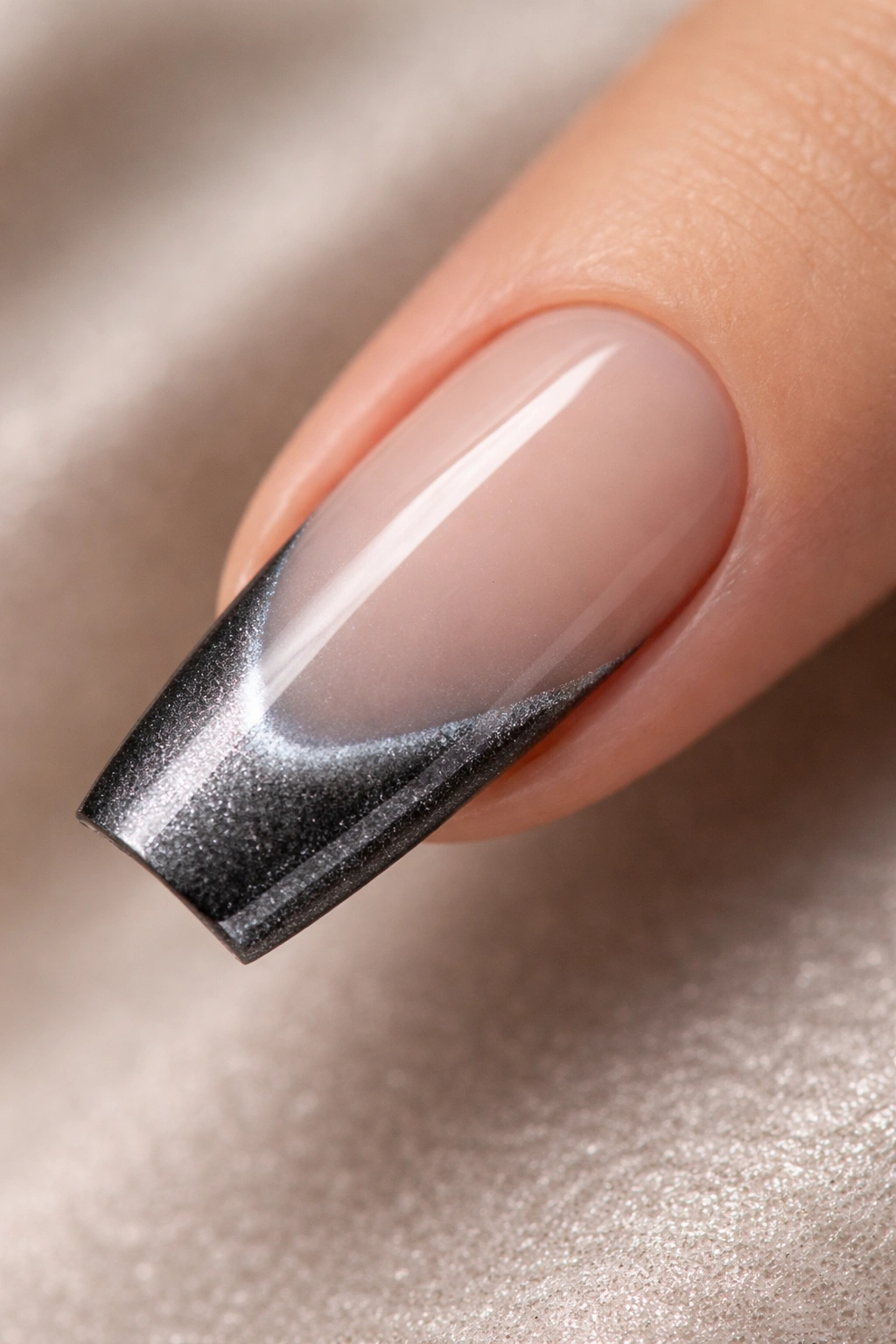 Gunmetal French cat eye nail with moonbeam tip