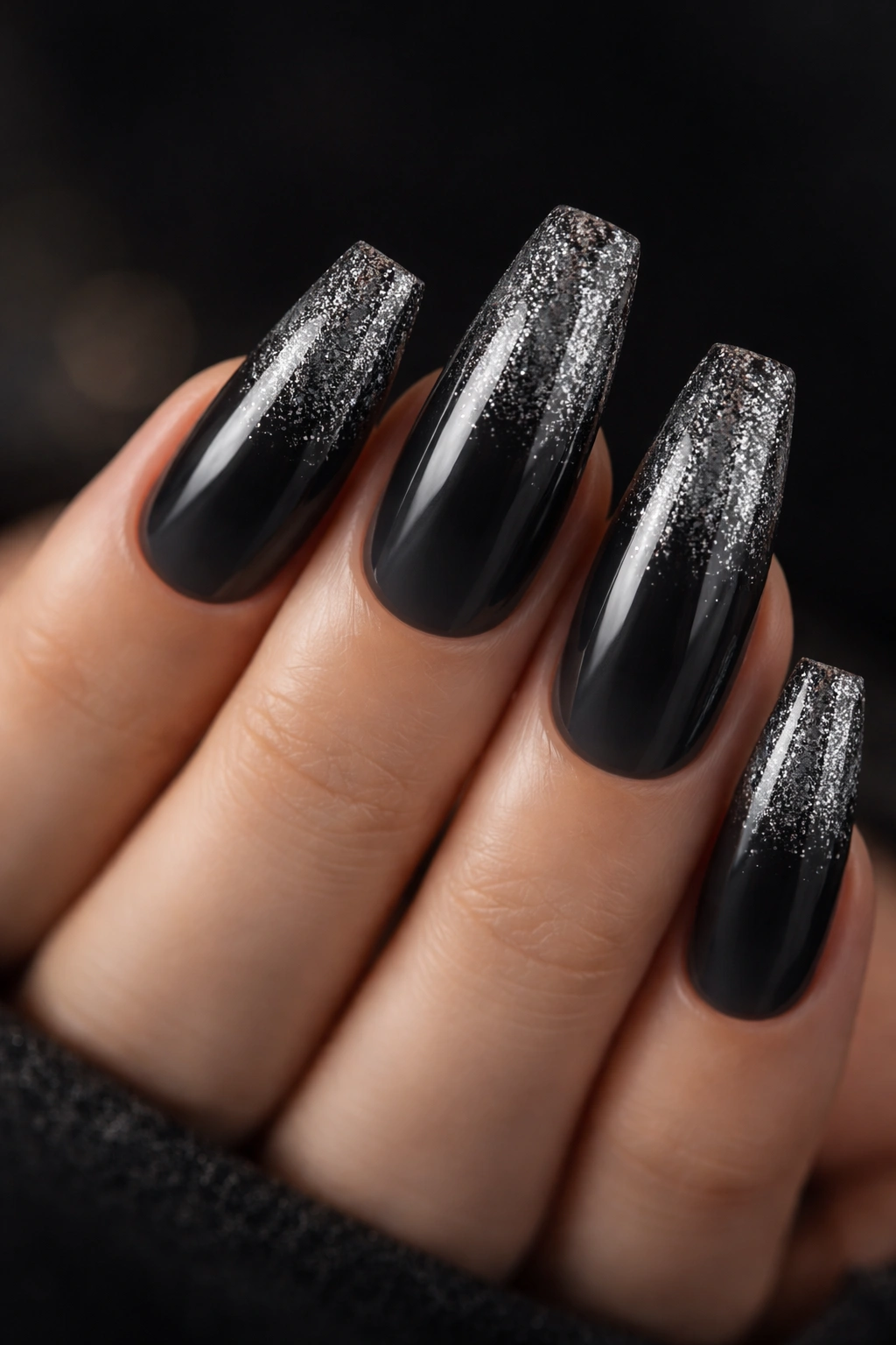 Coffin nails with gunmetal glitter gradient on charcoal base