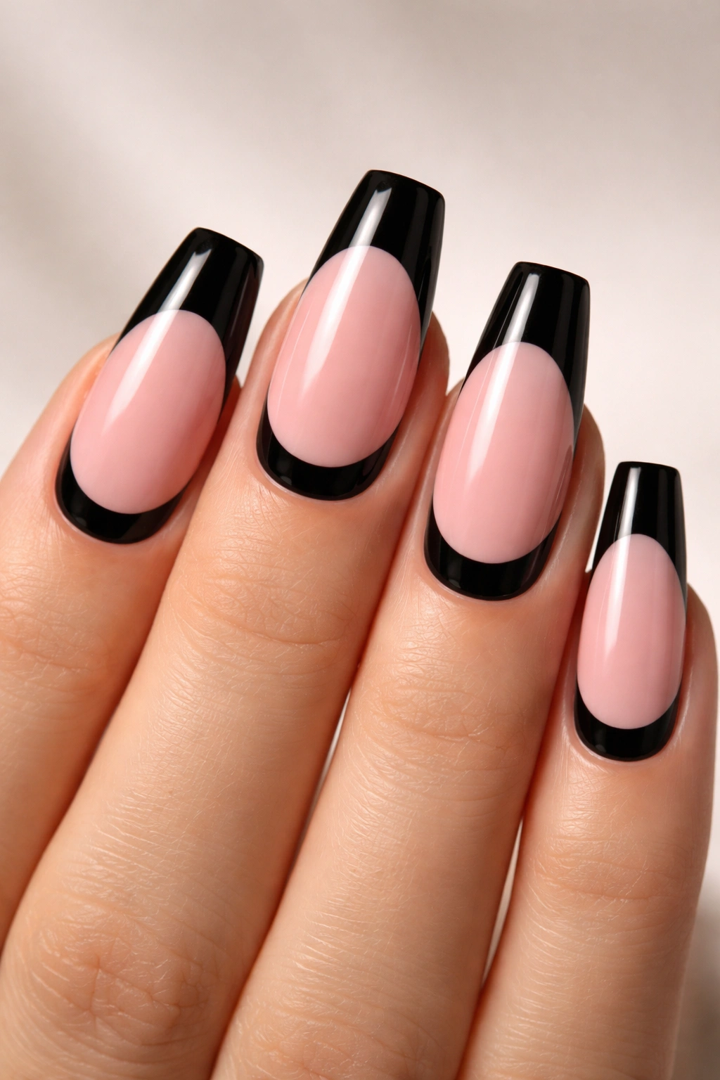 Coffin nails with black half-moon near cuticle and pink body