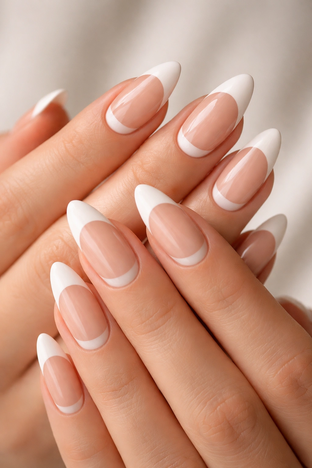Close-up of half-moon almond nails with white crescent near cuticle on a nude base.