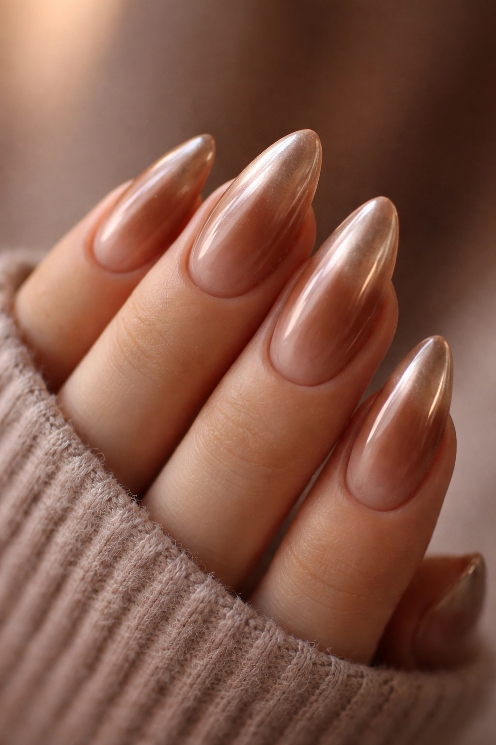 Almond nails with hazelnut glaze and pearlescent top layer