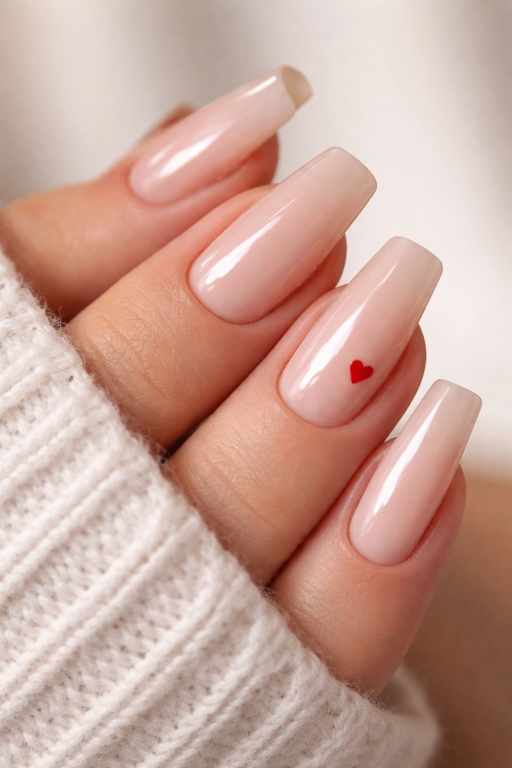 Nude coffin nails with tiny hearts on accent nails