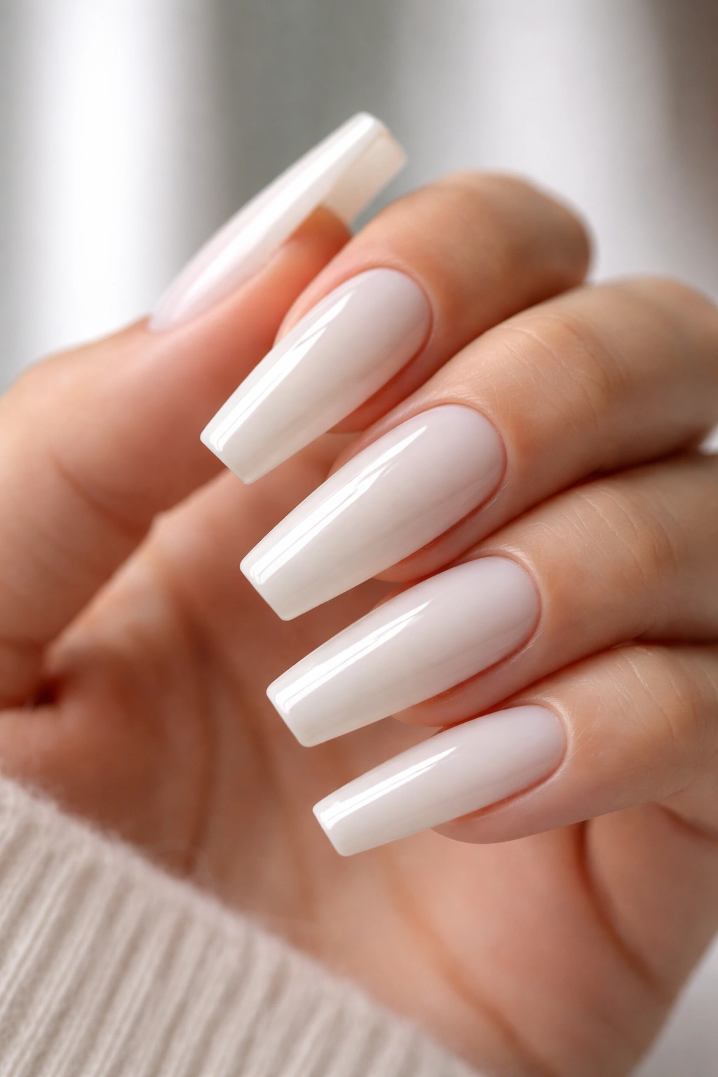 Milky white coffin nails with high-gloss glass-like shine