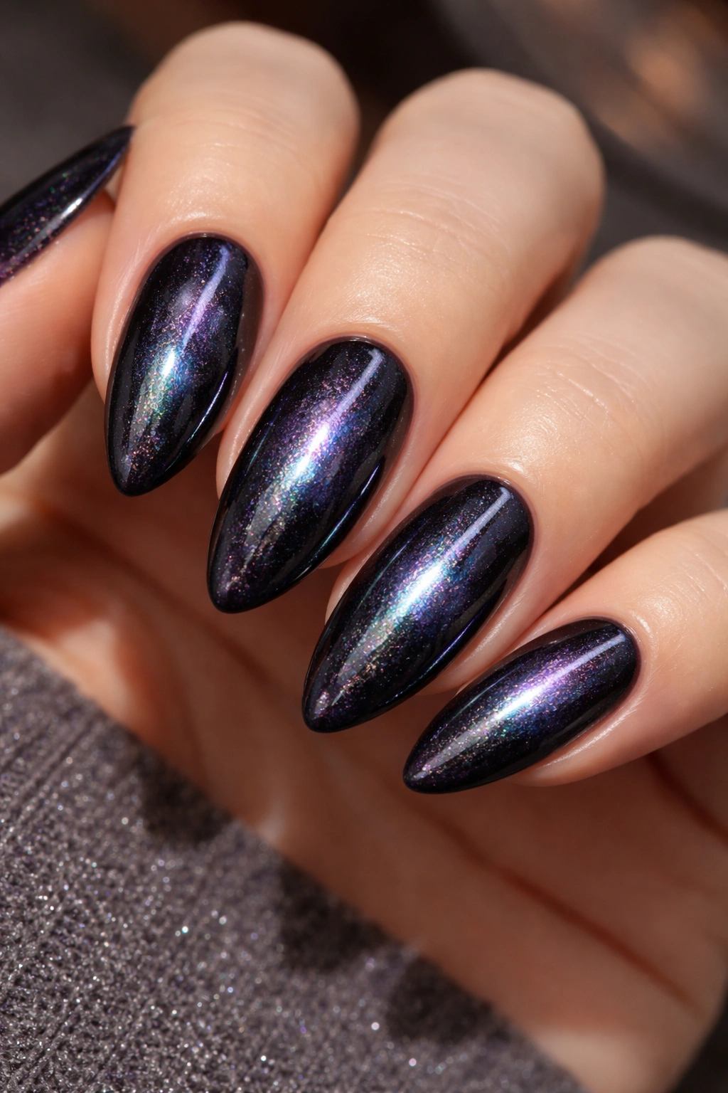 Dark navy nail with holographic cat eye shimmer and central stripe