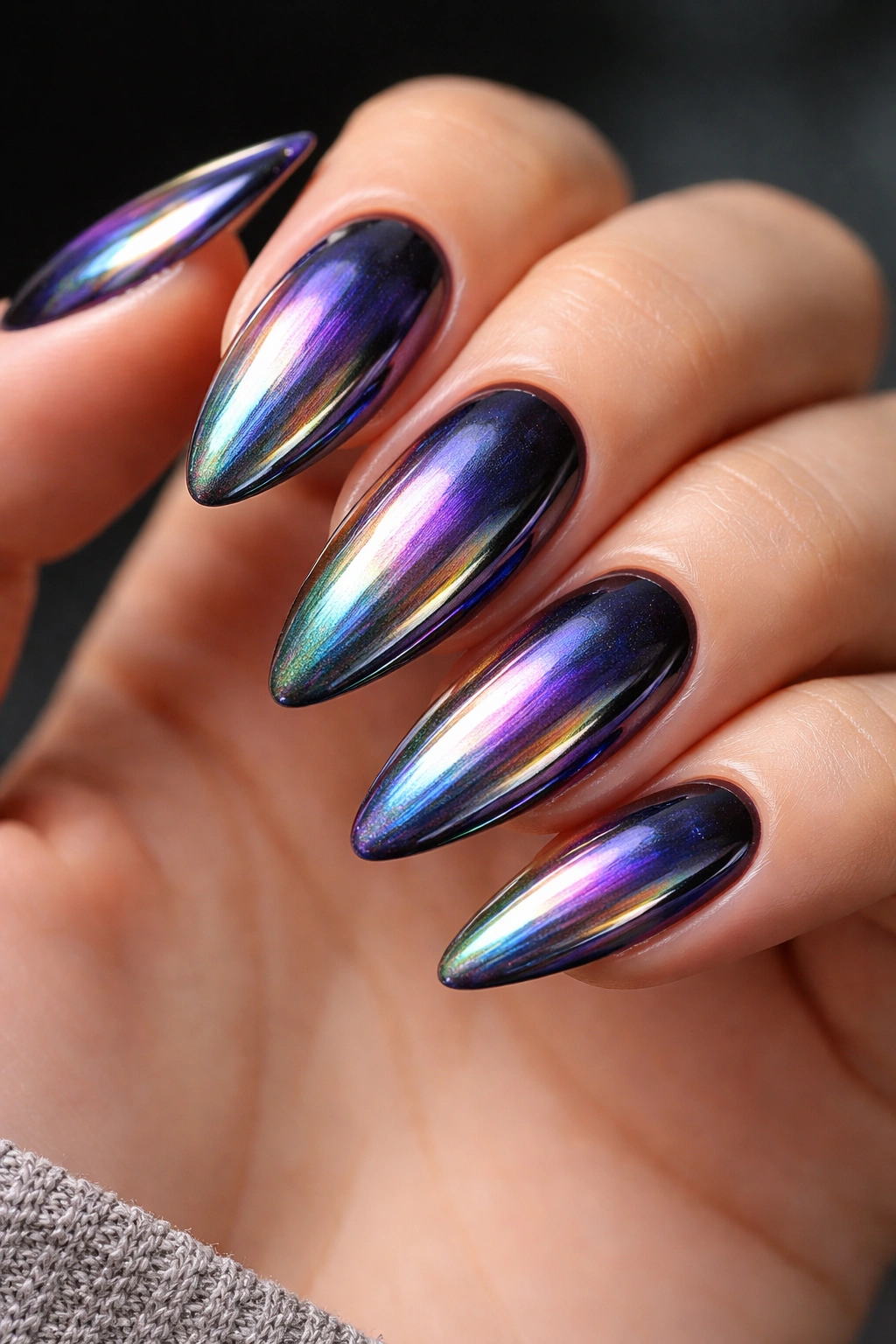 Close-up of almond nails with holographic chrome color shift on dark base.